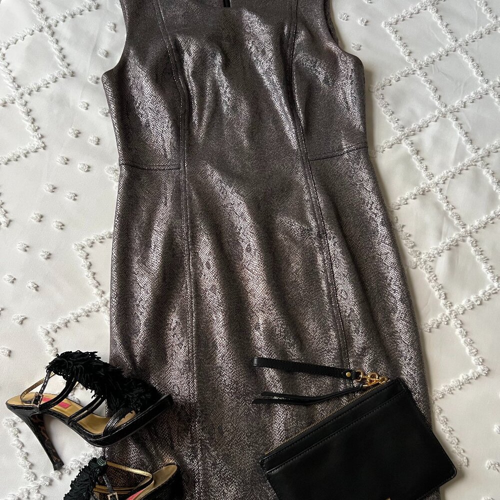 Calvin Klein Metallic Gunmetal Silver Snakeskin Sheath Sleeveless Dress SIZE 6